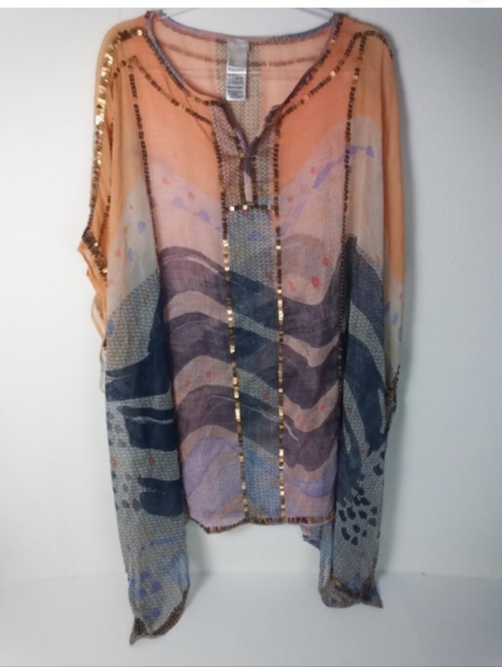 Chicos Sheer Tunic with Elegant Embellishments Coastal Grandma Resortwear L/XL